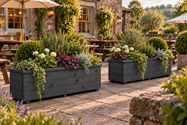 North Wales Planters Charcoal timber planters creating separation in a pub beer garden
