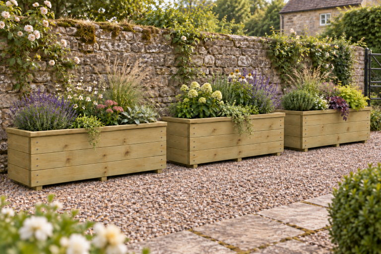 Heavy Duty Timber Garden Planter Three heavy-duty timber planters in a garden beside a stone wall